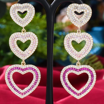GODKI 69MM de Luxo Coração Dangle Brincos Para Mulheres de Casamento zircônia Cúbica de Cristal CZ Dubai Indiano Brincos de Noiva