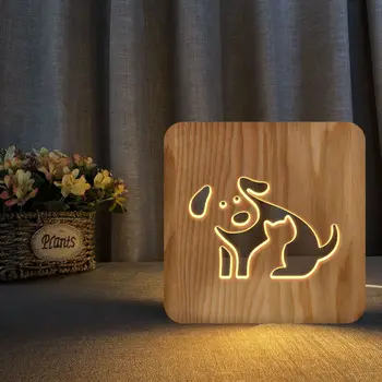 Gato e Cão de Animal de Forma 3D de Madeira Lâmpada da Cabeça de Pinho Madeira Oca Lâmpada de Tabela Criativa para Crianças de Cabeceira Lâmpada Dropshipping