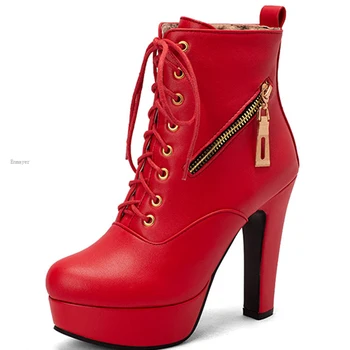 Laço no Tornozelo Botas para Mulheres 2021 Inverno Outono Mulheres Ankle Boots de Moda Couro envernizado Vermelho Preto Azul Sapatos de Senhora Tamanho Grande