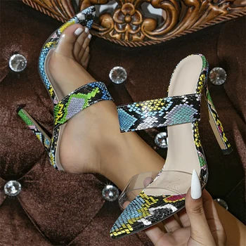 Liyke Sexy Cobra Impressão Apontou Dedo do pé Aberto Fino Salto Alto Chinelos de quarto Para as Mulheres Slides de Verão de Sapatos de PVC Transparente Correia de Sandália de Senhora