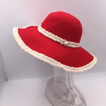 Luxo Elegante Vermelho Pérolas Banda Chapéus Para Mulheres Com Aba Larga Formal Kentucky Igreja Casamento Fedoras 0