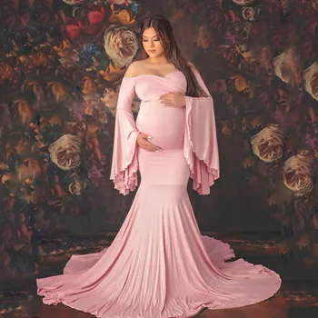 Maternidade Sexy Queimado Luva De Algodão Fishtail Vestido De Fotografia Com Adereços Mulheres Roupas De Gravidez, V-Pescoço Foto De Casamento Maxi Vestido Novo