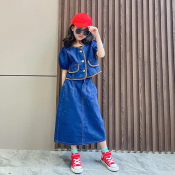 Menina de Jeans Conjuntos de Sopro Tops de Manga + Saias 2pcs Ternos Filhos de Moda Vintage com Roupas Confortáveis Crianças Conjuntos de 6 a 16 Anos de Wz691