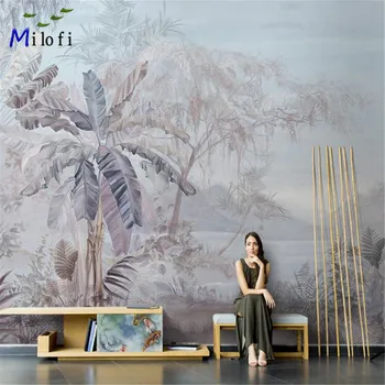 Milofi Sudeste da Ásia pintada à mão em folha de bananeira personalidade mural PLANO de fundo do papel de parede sofá da sala personalizada revestimento de parede