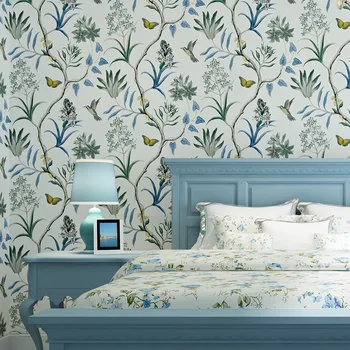 Moderna pastoral grandes flores de papel de parede sala quarto azul borboleta branca de flores e de aves não-tecido