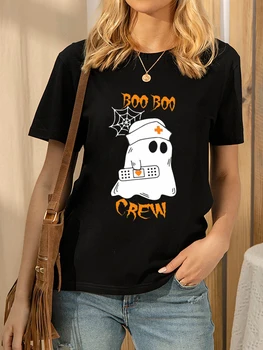 Mulheres T-shirt Boo Tripulação Fantasma Enfermeira Halloween Impressão Gráfica Tee Harajuku Tops O-pescoço Curto Mangas Casual Tshirt Vestuário de Senhora