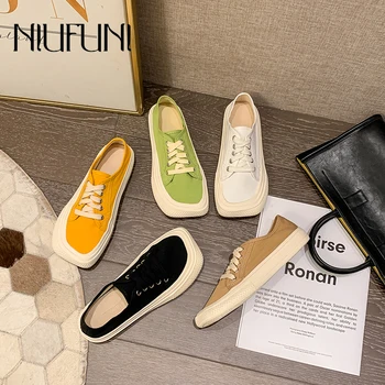 NIUFUNI Design Flat Mulheres Tênis da Plataforma Sapatos Casuais Sapatos de Lona Sapatos Esportivos, Sapatos Para as Mulheres 2021 de Cabeça Quadrada Lace Up