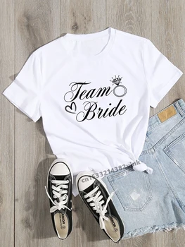 Noiva Equipe de Noiva, Festa de Casamento Linda das Mulheres da forma Evjf T-Camisa Casual senhoras básico O de colarinho branco Manga Curta Mulheres T-shirt