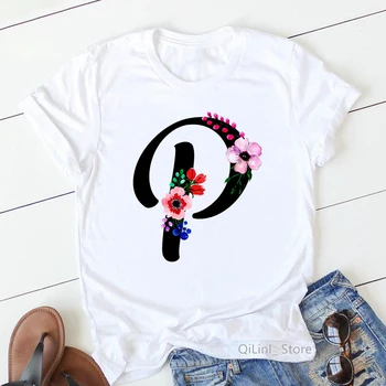 Novo 26 Letras do Alfabeto T-Shirt das Mulheres bonitas Flores de a A Z Camiseta Impressa 90 Gráfico Tee Fêmea Tumblr Roupas do Navio da Gota