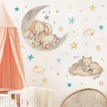 Novo gato dos desenhos animados de animais adesivo de parede bebê elefante estrelas nuvem adesivo de parede quarto infantil decoração de parede