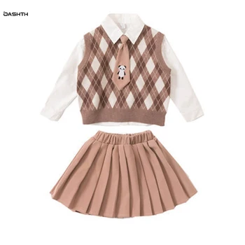 OASHTH Meninas' terno de saia nova para crianças a primavera e o outono JK faculdade estilo de vestido de três peças de conjunto