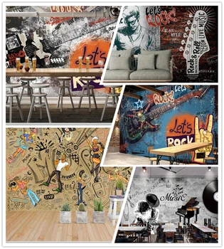 Papel de parede graffiti guitarra rock bar club KTV ferramentas retro 3d papel de parede mural, sala de estar, quarto, decoração da parede 0