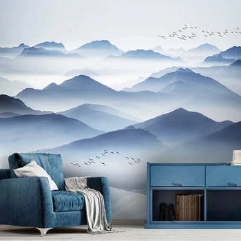 Personalizado Mural de Parede Estilo Chinês 3D Abstrato Artística de Tinta Azul Paisagem Reflexão de Pintura, Sala de estar Impermeável Adesivos