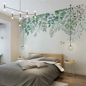 Personalizado moderna, o papel de parede minimalistas folhas verdes pastoral papéis de parede para sala de estar, quarto de fundo da decoração da casa