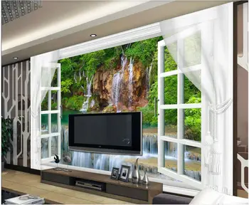Personalizado mural de fotos em 3d papel de parede da Bela paisagem de cachoeira do lado de fora da janela da sala de estar, Casa de decoração de papel de parede para parede 3 d 2