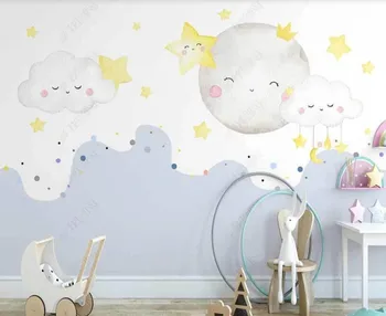 Personalizado papel de parede fresco Pequeno e simples, nuvens e céu estrelado crianças da sala para sala de estar, quarto, decoração de papel de parede 4