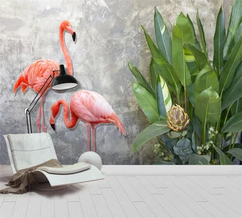 Personalizados em 3D papel de parede mural Nórdicos tropical simples folhas de plantas casal flamingo de fundo, pintura de parede