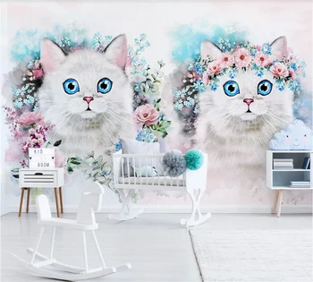 Personalizados em 3D papel de parede mural Nórdicos flor simples gatinho quarto infantil decoração na parede do fundo