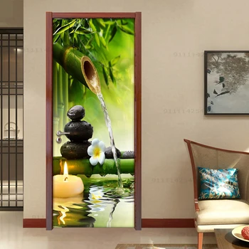 Sala na porta do quarto adesivos, pintura de parede de PVC auto-adesivo mural 3D bambu verde paisagem da foto de papel de parede adesivos de parede