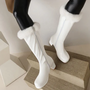 Senhoras Elegantes Meados De Bezerro Botas De Calcanhar Sapatos Novos 2023 Moda Do Inverno Das Mulheres Botas De Pele Fecho De Correr Fêmea Bombas Casual, Ao Ar Livre Botas 3