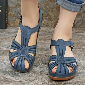 Verão As Mulheres Sandálias De Sola Macia Baotou Cunhas De Sapatos Vazias Antiderrapante Pu Couro Plataforma De Gladiador
