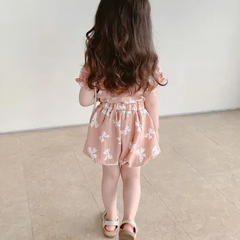 Verão Meninas' Terno, Gravata-borboleta de Impressão Decote Quadrado Blusa + Shorts 2Pcs de Criança de Bebê, Roupas de Crianças Crianças Conjuntos de Vestuário 2022 2