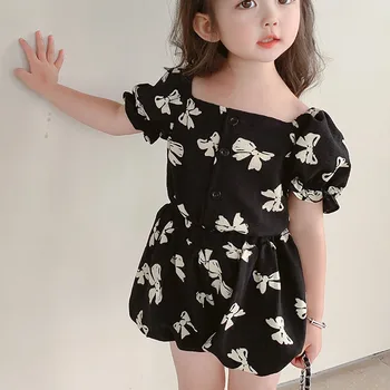 Verão Meninas' Terno, Gravata-borboleta de Impressão Decote Quadrado Blusa + Shorts 2Pcs de Criança de Bebê, Roupas de Crianças Crianças Conjuntos de Vestuário 2022 5