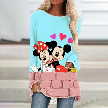 Verão Novo Streetwear do Mickey de Disney e dos desenhos animados do Rato de Minnie Senhoras Casual Harajuku O Pescoço Solto Camiseta Manga Longa Kawaii Topo