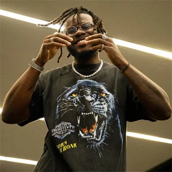 Vintage nova coleção de 2022 homens grandes dimensões do T-shirt de tigre cabeça de impressão de lavagem utilizado casual T-shirt de verão hip hop