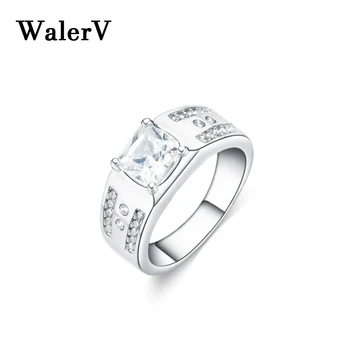 WalerV Nova Moda Popular para Mulheres, Homens Personalizado Zircão Anéis Jóias Quadrado de Pedra Branca Festa de Casamento Anel de Presente