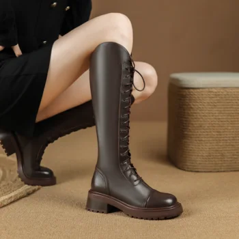 YPP 2023 Real de Couro do Inverno Sapatos femininos Diariamente Lace Up Boot Senhoras Calçado de Nova Chegada Mulheres Joelho Botas de Plataforma