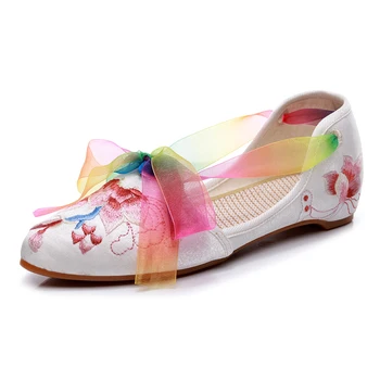 YRZP Confortável Senhoras Chinês Bordado Sapatos de Seda Bowknot Mulheres de Veludo de Algodão Sapatilhas Pontudas Dedo do pé Tecido de Sapatos