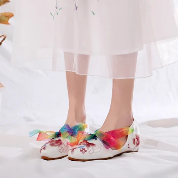YRZP Confortável Senhoras Chinês Bordado Sapatos de Seda Bowknot Mulheres de Veludo de Algodão Sapatilhas Pontudas Dedo do pé Tecido de Sapatos 2