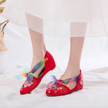 YRZP Confortável Senhoras Chinês Bordado Sapatos de Seda Bowknot Mulheres de Veludo de Algodão Sapatilhas Pontudas Dedo do pé Tecido de Sapatos 3