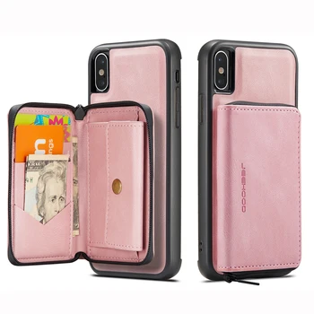 Zíper do Saco de Couro Destacável Magnético de Adsorção de Caso Para o iPhone XR XS Max Vintage Bolsa Slot para Cartão de Kickstand Dinheiro de Bolso