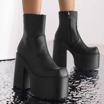 estilo punk robusta plataforma de tornozelo botas para mulheres de outono inverno salto alto gótico botas sapatos de senhoras de preto curto botas mujer 0