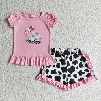 meninas bebê cor-de-rosa puff luva de algodão partida topo de leite de vaca de impressão conjunto de shorts